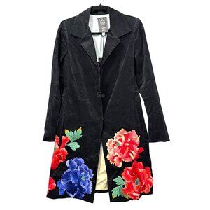 Johnny Was Embroidered Floral Velvet Black Coat Jacket Sondra New
